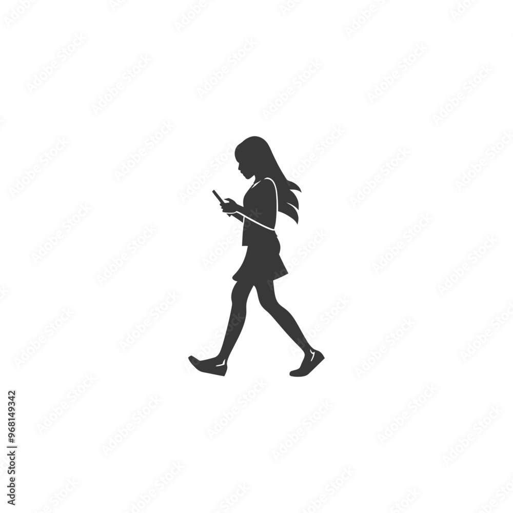 Silhouette of a woman walking while looking at her phone