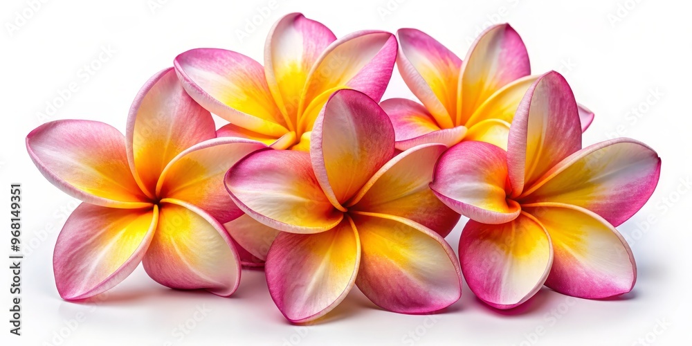 Plumeria Flower Cluster Close-Up Macro Photography of Pink and Yellow Petals, Tropical Flower, Frangipani, White Background, flower, tropical, frangipani Plumeria Flower Cluster Close-Up Macro Photography of Pink and Yellow Petals, Tropical Flower, Frangipani, White Background, flower, tropical, frangipani