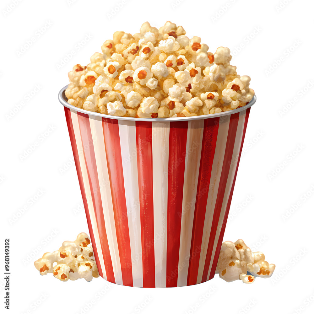 Illustration of a popcorn bucket with overflowing popcorn, isolated transparent background Illustration of a popcorn bucket with overflowing popcorn, isolated transparent background