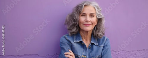 A confident senior woman with a bright smile, standing against a purple background in a casual denim jacket. Free copy space for banner.