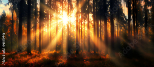 autumn/fall forest panorama; trees firing warm colors in the sunlight; autumny energetic dark forestscape with copy space; widescreen backdrop