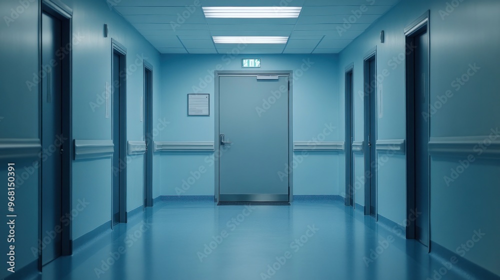 Hospital Corridor with Blue Walls and Doors Hospital Corridor with Blue Walls and Doors