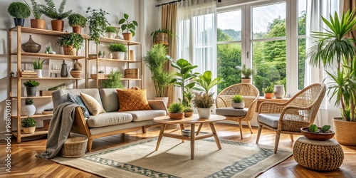 Living Room with Greenery and Natural Elements, Cozy , Tropical , Interior Design