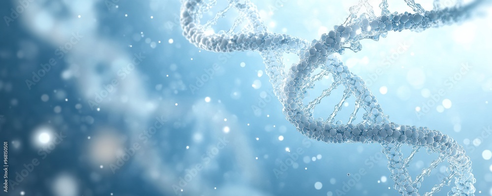 White double helix DNA structure on a blue background with abstract glowing particles for science and genetics concepts