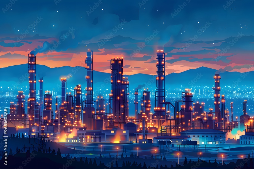 Fototapeta premium Vibrant Nightscape of an Industrial City with Glowing Refineries and Smokestacks