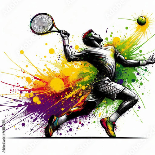 Tennis player serving with a splash of vibrant colorful energy

