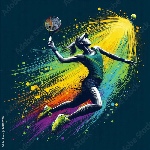 Tennis player serving with a splash of vibrant colorful energy


