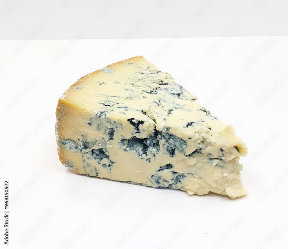 Large piece of blue cheese on white background – close-up with characteristic blue marbling