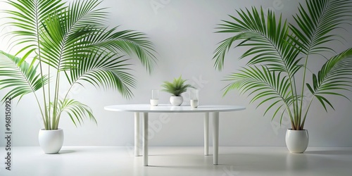 Minimalist Interior Design with Palm Plants and White Table, white, table, minimalism