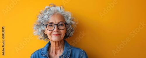 A confident senior woman with a bright smile, standing against a yellow background in a casual denim jacket. Free copy space for banner.