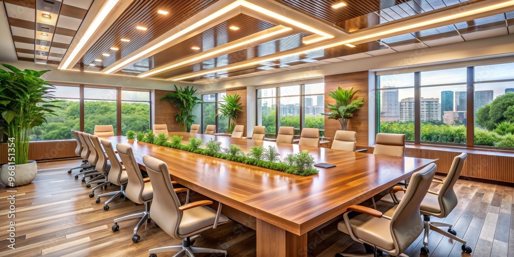 Fototapeta premium Modern Conference Room with Natural Lighting and City View, Wooden Table, Office Chairs, Modern, Interior Design, Conference Room