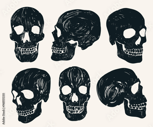 Collection of skull Silhouette Hand drawn gothic icon. Template Halloween Symbol. Set of skulls painted with dry brush. Black death concept, spooky design. Flat grunge Vector Illustration.