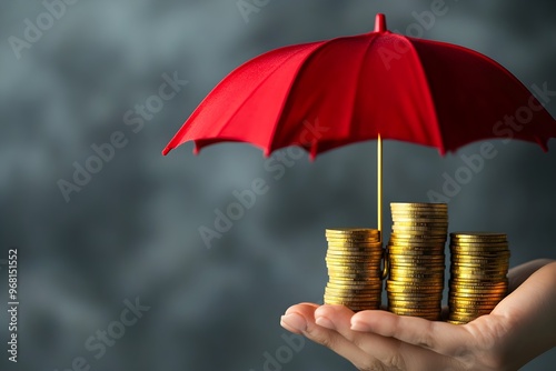 Hand holding a red umbrella and a coin with a background of stacked coins and financial symbols