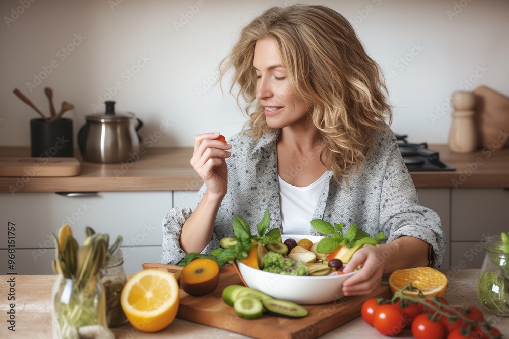 woman preparing and eating fruit before making a smoothie