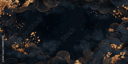 A sophisticated dark background features golden highlights and swirling patterns, perfect for design elements or artistic projects