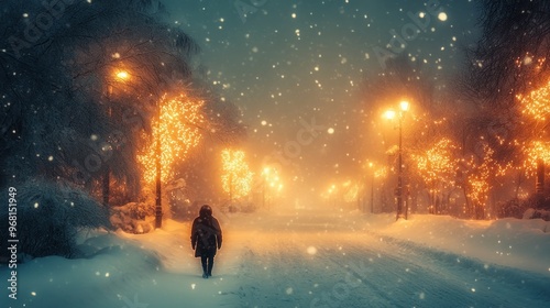 A solitary figure walks through a snowy, illuminated street.