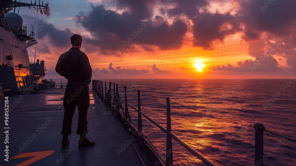 Sailor enjoying a breathtaking sunset from the deck of a naval vessel over open waters Sailor enjoying a breathtaking sunset from the deck of a naval vessel over open waters