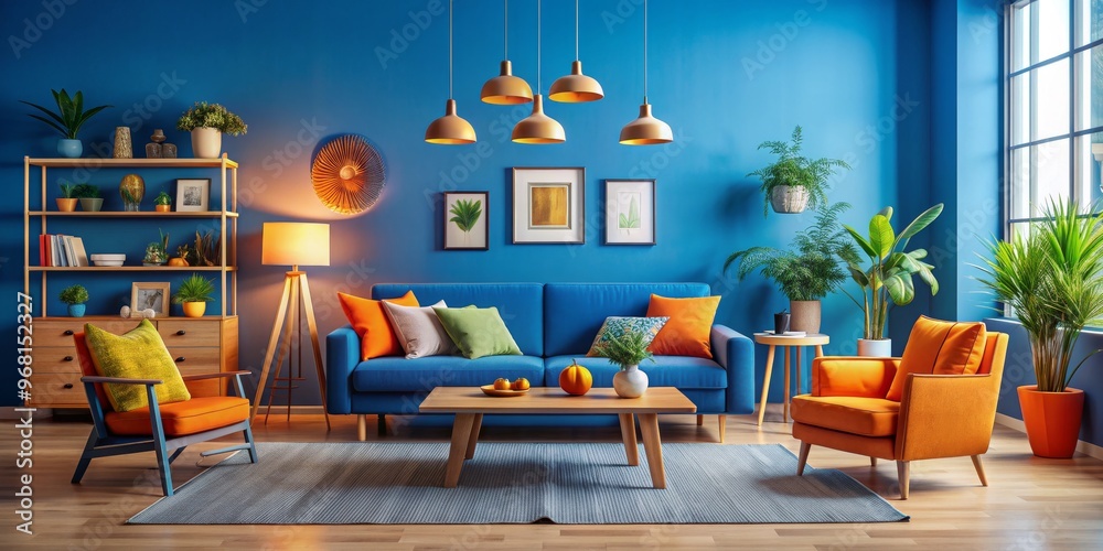 Modern Living Room with Blue Walls, Orange Armchair, and Gold Pendant Lights, living room decor, interior design, home decor