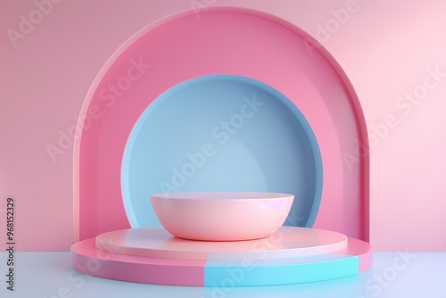 A pink and white room with a white pedestal in the center,