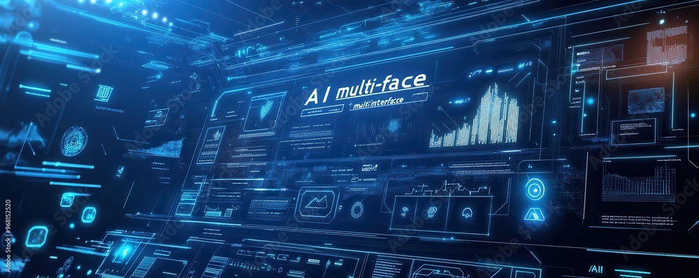 Fototapeta premium Futuristic digital interface with blue technological graphics showcasing AI advancements and data analysis