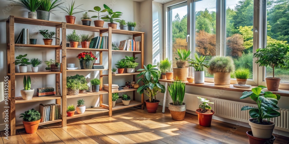 Sunlit Indoor Garden with Bookshelf and Window View, indoor plants, home decor , greenery , natural light Sunlit Indoor Garden with Bookshelf and Window View, indoor plants, home decor , greenery , natural light