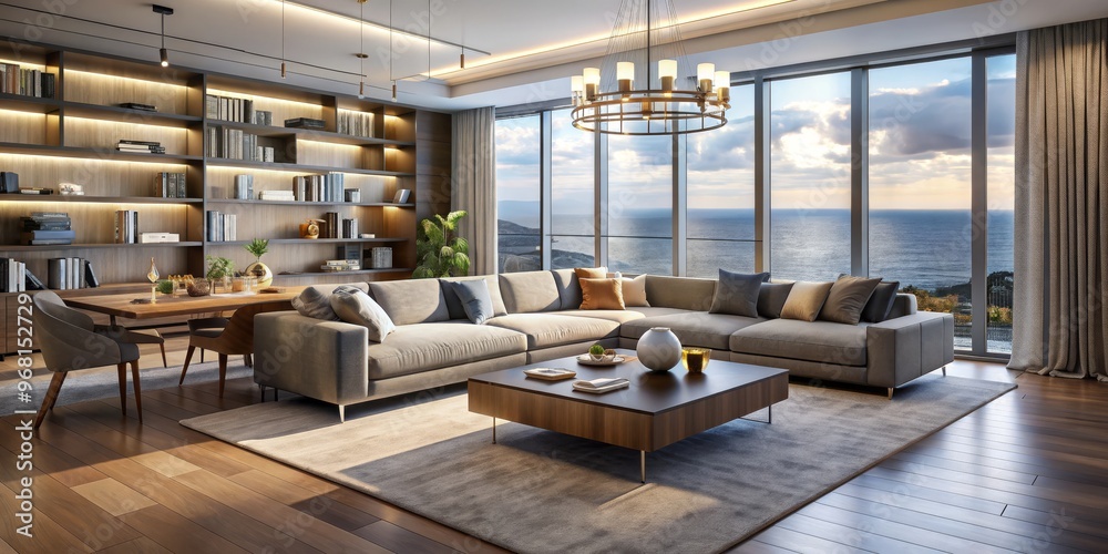 Modern Living Room with Ocean View, Gray Sofa, Wooden Floor, Large Windows, Coastal Living, Interior Design, Home Decor