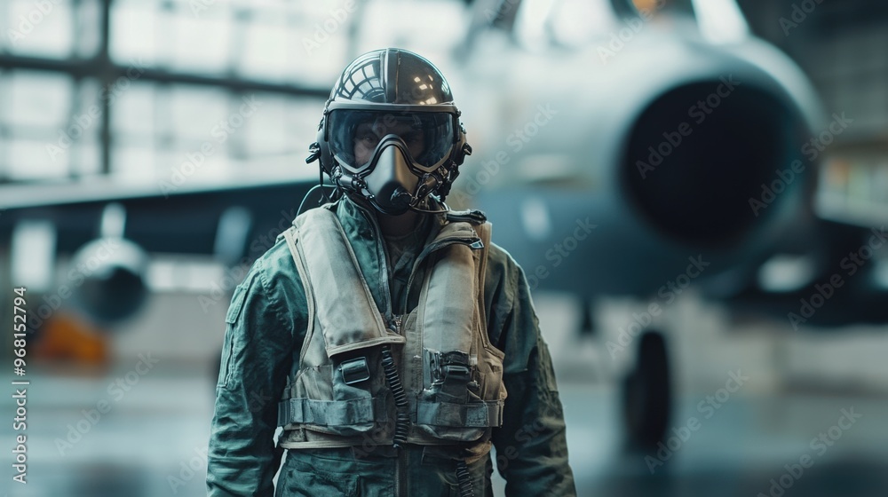 Pilot standing proudly in flight gear near military aircraft in hangar during morning hours Pilot standing proudly in flight gear near military aircraft in hangar during morning hours