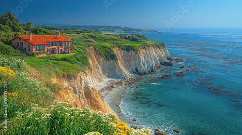 Scenic coastal view with a house overlooking the ocean.