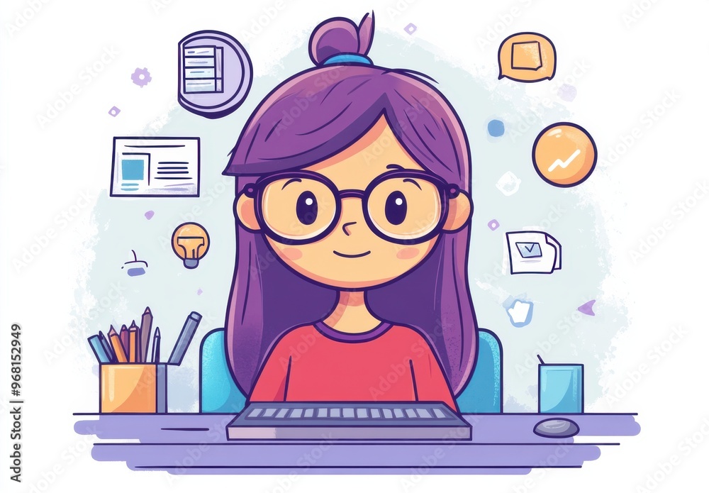 Cartoon girl with glasses sitting at a computer, surrounded by creative icons and office supplies, showcasing a vibrant and playful work environment. Cartoon girl with glasses sitting at a computer, surrounded by creative icons and office supplies, showcasing a vibrant and playful work environment.