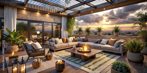 Sunset Terrace with Sectional Sofa, Fire Pit, and Lanterns, Outdoor Living, Patio Design, Terrace Decor