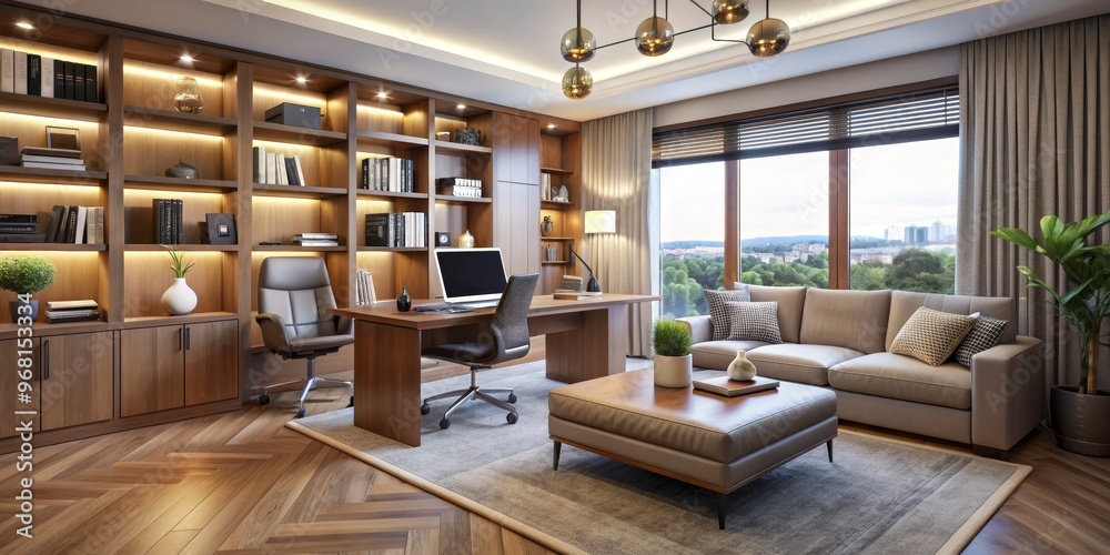 Modern Office Interior Design with Wooden Flooring and Large Window, office design, home decor, interior design Modern Office Interior Design with Wooden Flooring and Large Window, office design, home decor, interior design