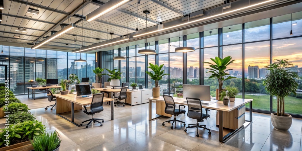 Modern Office Interior with City Skyline View, Large Windows, and Plants, office design , office interior , city view