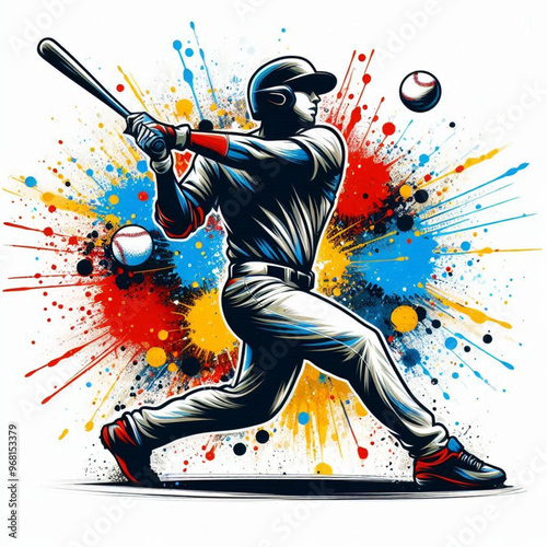 Baseball player hitting a powerful shot with vibrant dynamic colors

