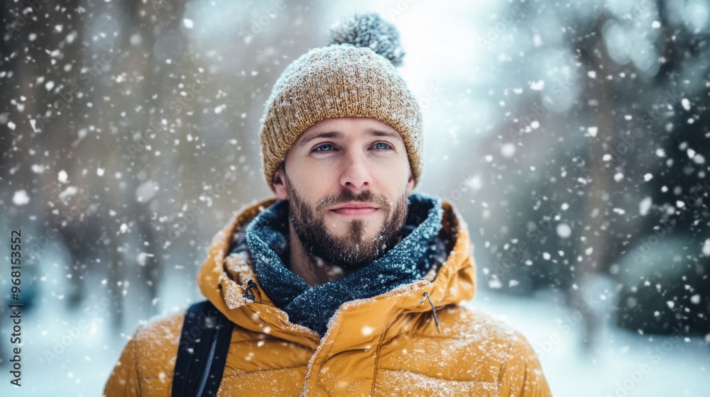 Man in yellow jacket experiencing snowfall Man in yellow jacket experiencing snowfall