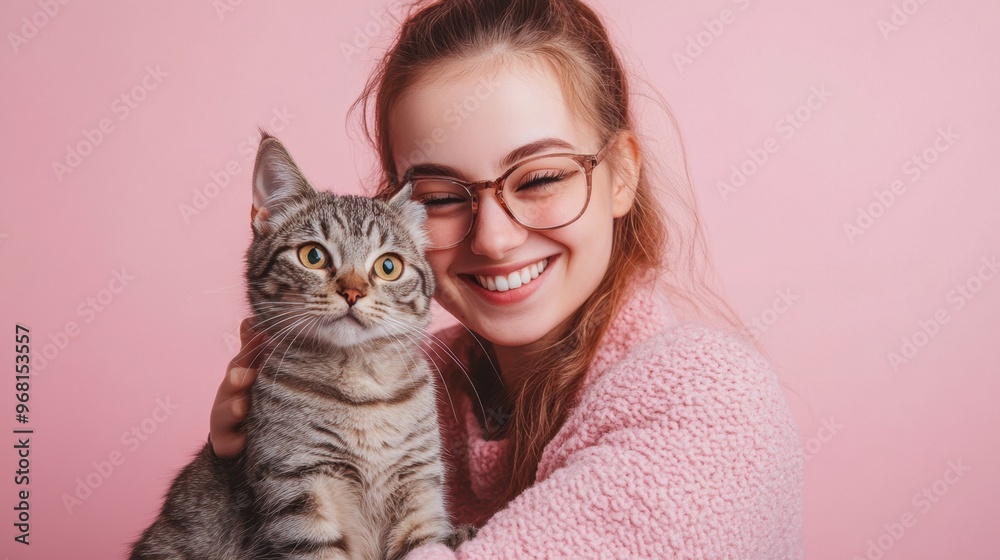 Happy young woman hugging gray cat Happy young woman hugging gray cat