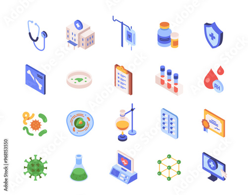Set of medicine related icons. Colorful signs with test tubes, stethoscope, x-ray, hospital, blood sample and virus. Design for app. Isometric 3D vector illustration isolated on white background