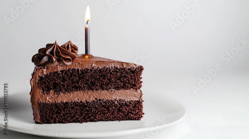 An chocolate cake slice with a lit candle, positioned on a pristine white backdrop. The soft, diffused light and clean, minimalist composition create an elegant presentation.