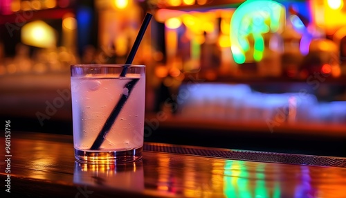 Neon-lit bar scene featuring a glass of water with a black straw on the counter, exuding a vibrant and energetic ambiance photo