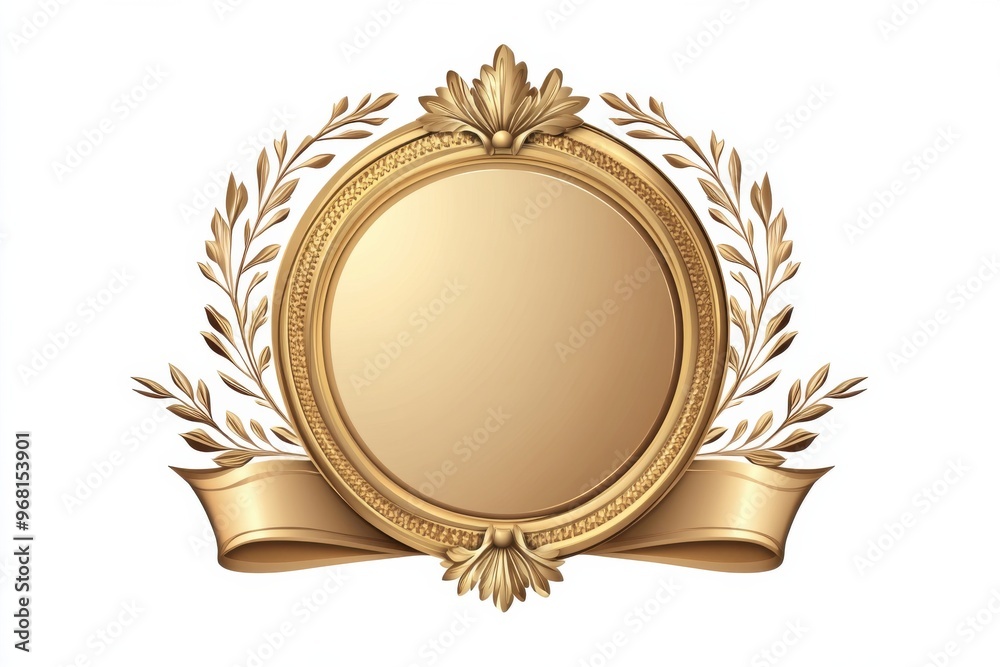 Elegant golden circular badge with decorative ribbon and laurel leaves on a white background Elegant golden circular badge with decorative ribbon and laurel leaves on a white background