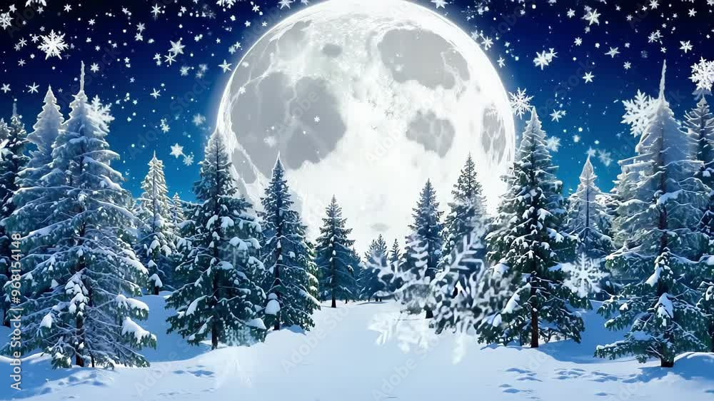 Snow-Covered Pine Forest During Winter Night with Full Moon, Sparkling Stars, and Snowflakes in the Sky Snow-Covered Pine Forest During Winter Night with Full Moon, Sparkling Stars, and Snowflakes in the Sky