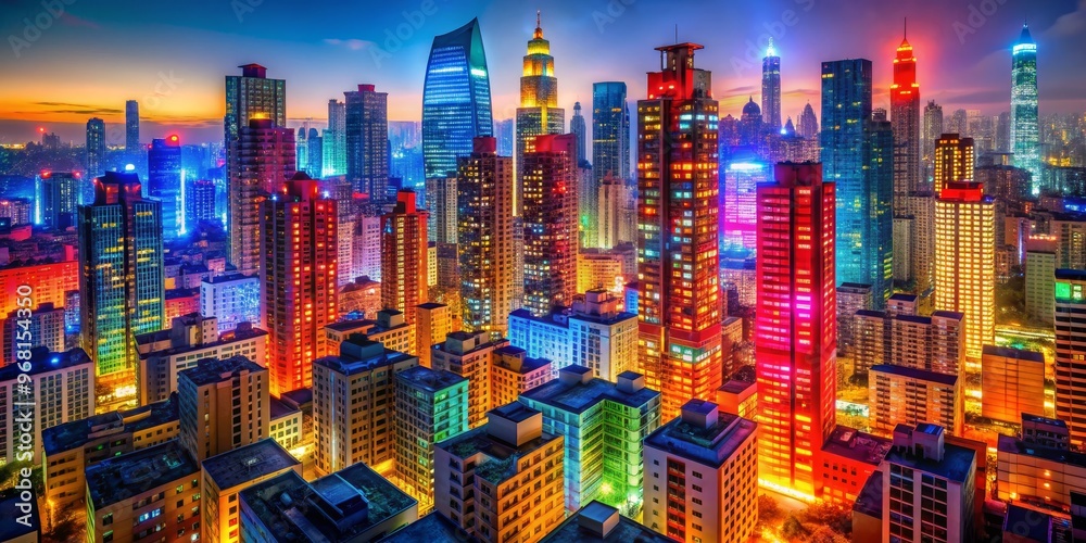 Obraz premium Neon Cityscape A vibrant aerial perspective showcasing a dense cityscape illuminated by a kaleidoscope of colors, capturing the energy and dynamism of urban life. , city light