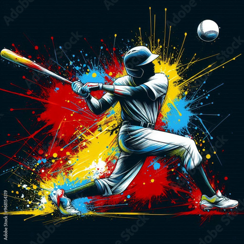 Baseball player hitting a powerful shot with vibrant dynamic colors

