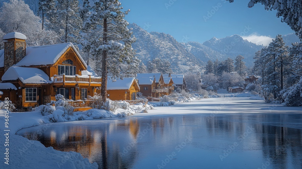Fototapeta premium Serene winter landscape with snow-covered cabins by a calm river.
