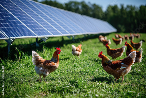 Chickens grazing on a free-range, sustainable farm with a solar panel array in the background photo