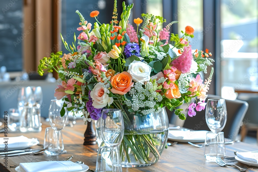 Vibrant Floral Centerpiece Enhancing a Dining Experience Vibrant Floral Centerpiece Enhancing a Dining Experience
