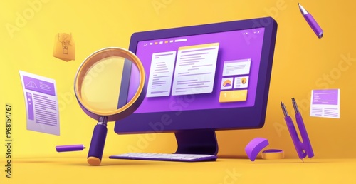 Wallpaper Mural Digital illustration of a computer screen with floating office tools and a magnifying glass surrounded by colorful accessories on a bright background. Torontodigital.ca