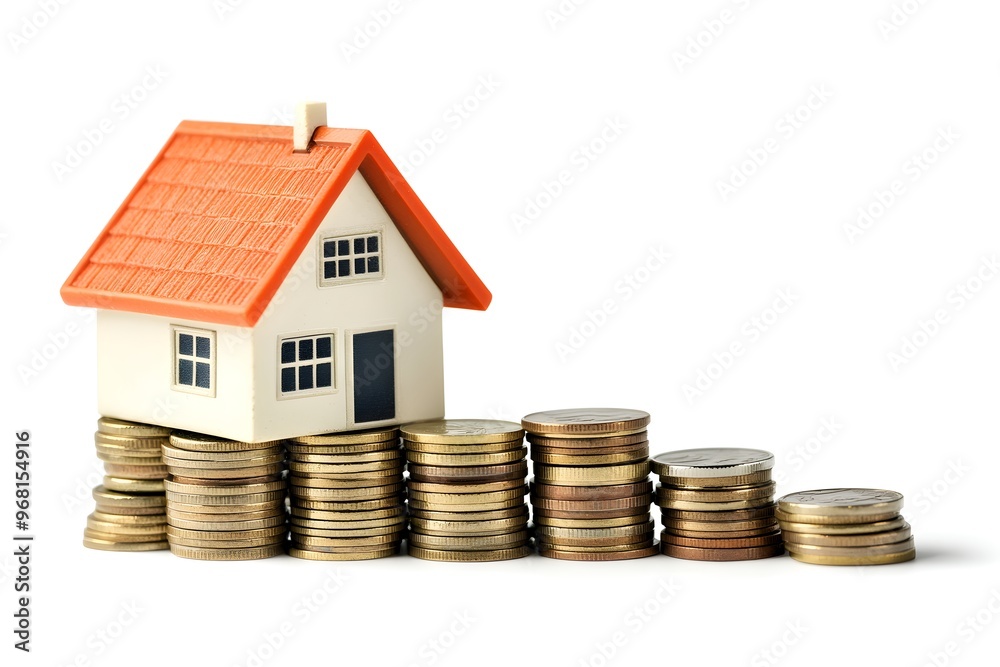 House with coins and money symbolizing wealth and financial growth House with coins and money symbolizing wealth and financial growth