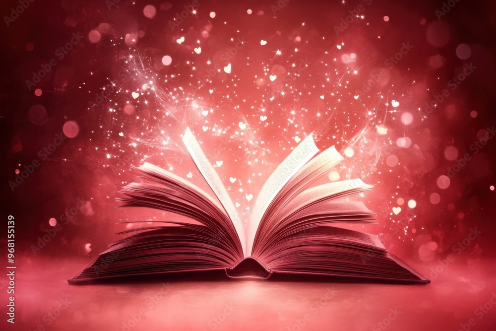 Magical illustration of an open book with pages turning, surrounded by sparkling lights and glowing hearts on a red background Magical illustration of an open book with pages turning, surrounded by sparkling lights and glowing hearts on a red background