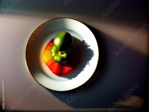 A backlit white plate with dark, moody shadows behind vibrant, colorful vegetables