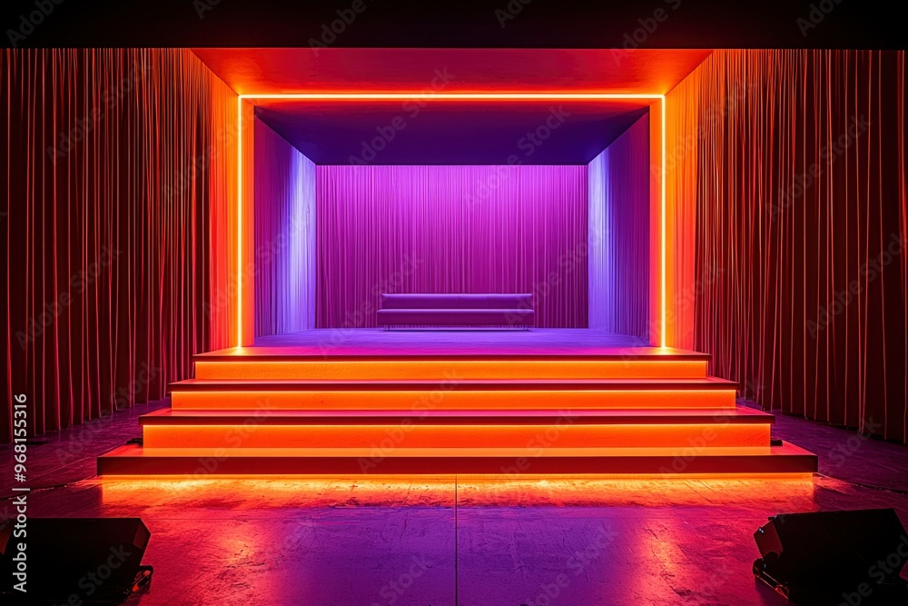 Fototapeta premium A Minimalist Stage with Red and Purple Curtains and Neon Lights